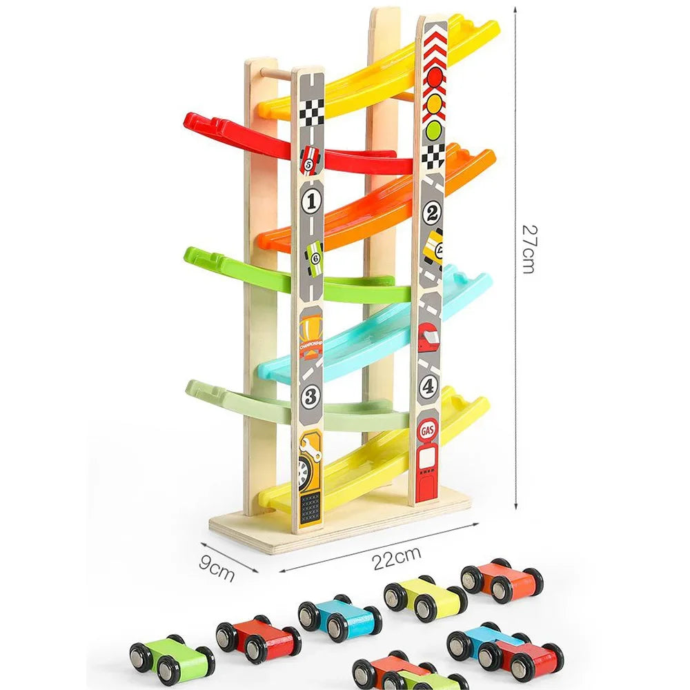 Montessori wooden racing car set, toddler ramp race track toy, wooden inertia slide racing game, mini car roller coaster toy, educational racing toy for toddlers, fine motor skill development, early learning racing toy, Montessori wooden toys for kids, screen-free play for toddlers
