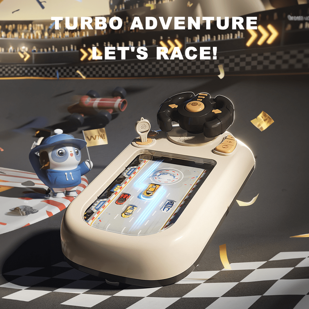 portable kids racing game console, white driving simulator for children, adventure racing game for teens, handheld racing console for kids, compact gaming console for 14+