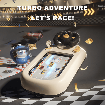 portable kids racing game console, white driving simulator for children, adventure racing game for teens, handheld racing console for kids, compact gaming console for 14+