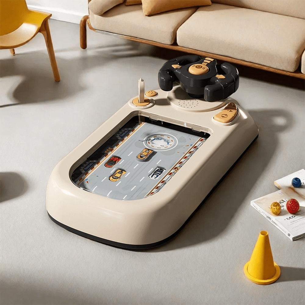 portable kids racing game console, white driving simulator for children, adventure racing game for teens, handheld racing console for kids, compact gaming console for 14+