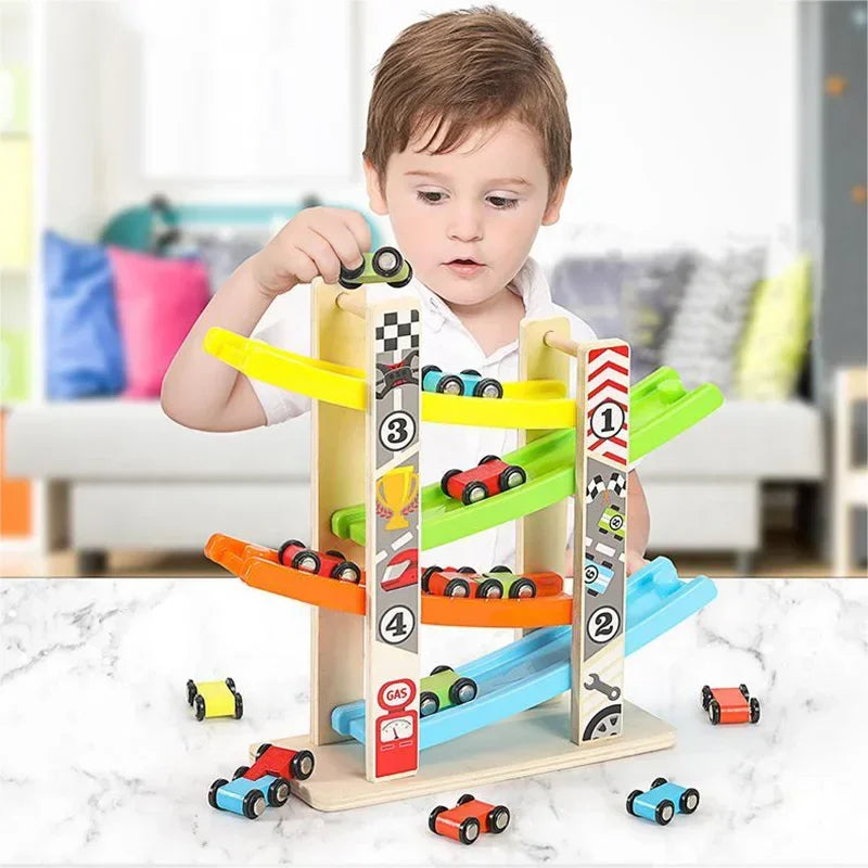 Montessori wooden racing car set, toddler ramp race track toy, wooden inertia slide racing game, mini car roller coaster toy, educational racing toy for toddlers, fine motor skill development, early learning racing toy, Montessori wooden toys for kids, screen-free play for toddlers