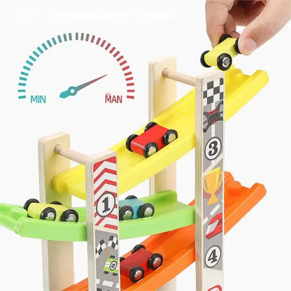 Montessori wooden racing car set, toddler ramp race track toy, wooden inertia slide racing game, mini car roller coaster toy, educational racing toy for toddlers, fine motor skill development, early learning racing toy, Montessori wooden toys for kids, screen-free play for toddlers
