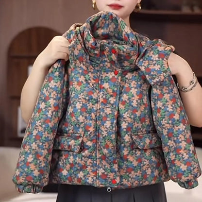 Girls Floral Winter Hooded Puffer Jacket – Warm Down Cotton Coat for Kids 3-12Y