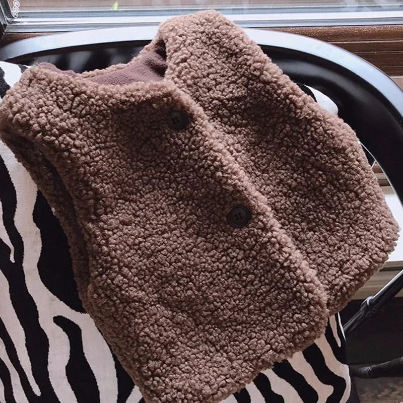Autumn Winter Baby Lamb Wool Plush Vest – Unisex Kids Warm V-Neck Waistcoat for 1-6Y