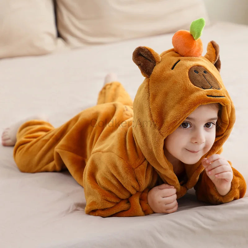 Kids Capybara Onesie Pajamas – Flannel Animal Costume for Boys & Girls