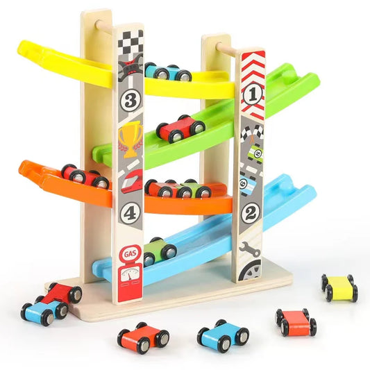 Montessori wooden racing car set, toddler ramp race track toy, wooden inertia slide racing game, mini car roller coaster toy, educational racing toy for toddlers, fine motor skill development, early learning racing toy, Montessori wooden toys for kids, screen-free play for toddlers