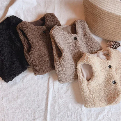 kids plush vest, lamb wool vest kids, autumn winter vest children, unisex kids waistcoat, baby V-neck vest, warm vest for kids, faux fur kids vest, thickened vest children, casual kids vest, toddler winter vest, girls winter vest, boys winter vest, kids fashion vest, solid color kids vest, daily wear kids vest, kids party vest, photo shoot kids vest, 1-6Y kids vest, cozy kids vest, warm kids outerwear, autumn vest children, winter vest baby, unisex toddler vest, V-neck kids vest, plush waistcoat kids