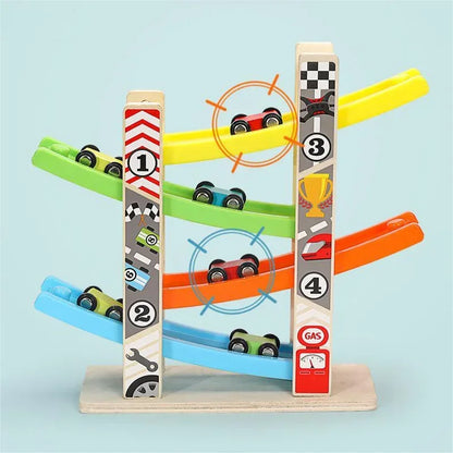 Montessori wooden racing car set, toddler ramp race track toy, wooden inertia slide racing game, mini car roller coaster toy, educational racing toy for toddlers, fine motor skill development, early learning racing toy, Montessori wooden toys for kids, screen-free play for toddlers