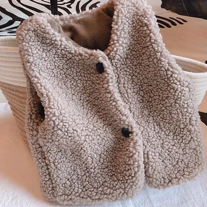 Autumn Winter Baby Lamb Wool Plush Vest – Unisex Kids Warm V-Neck Waistcoat for 1-6Y
