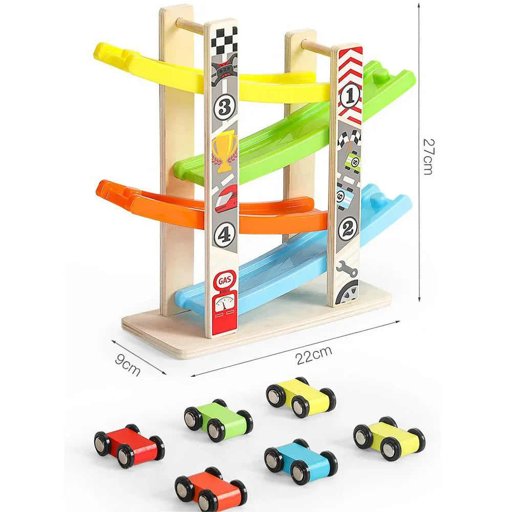 Montessori wooden racing car set, toddler ramp race track toy, wooden inertia slide racing game, mini car roller coaster toy, educational racing toy for toddlers, fine motor skill development, early learning racing toy, Montessori wooden toys for kids, screen-free play for toddlers