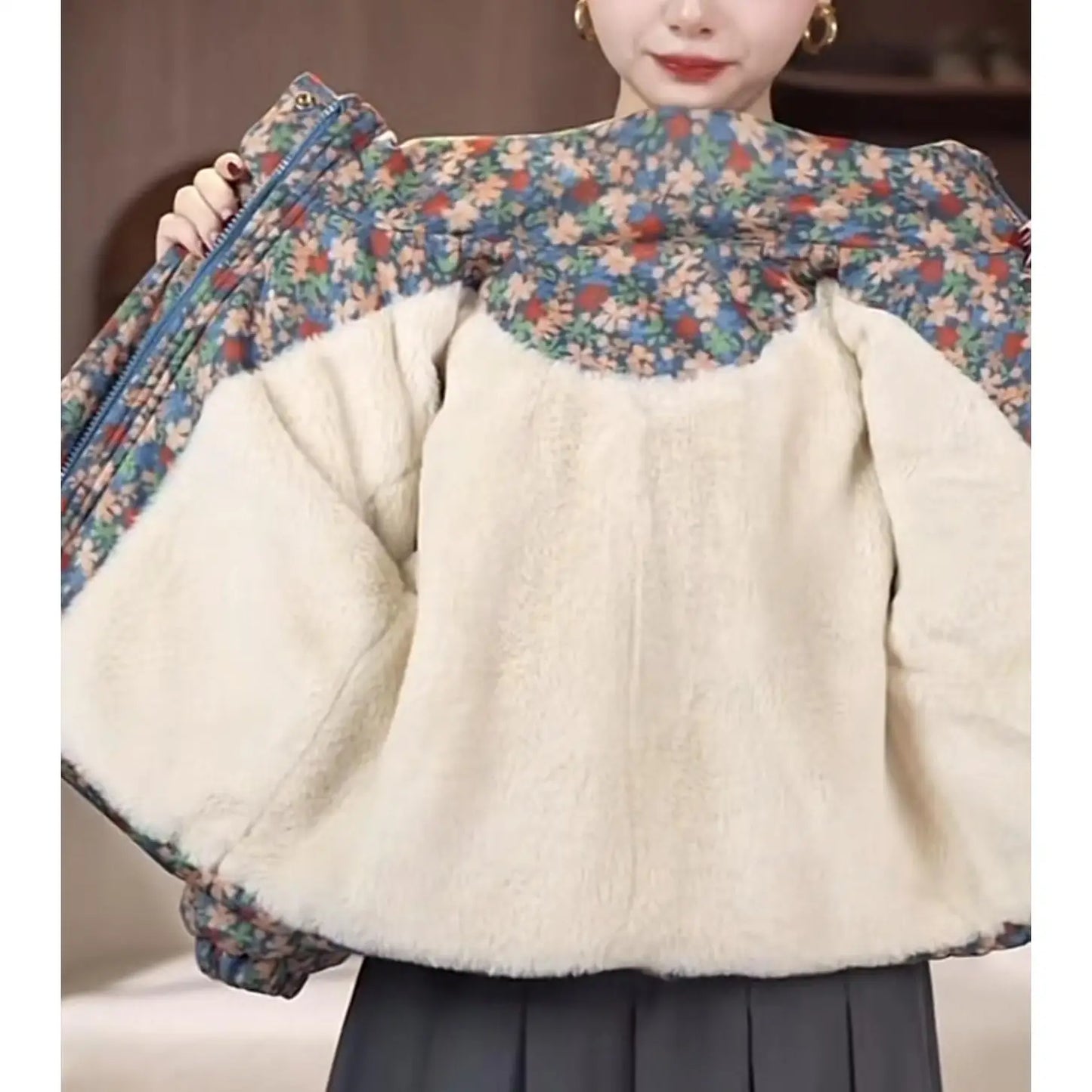 Girls Floral Winter Hooded Puffer Jacket – Warm Down Cotton Coat for Kids 3-12Y