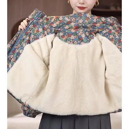 Girls Floral Winter Hooded Puffer Jacket – Warm Down Cotton Coat for Kids 3-12Y