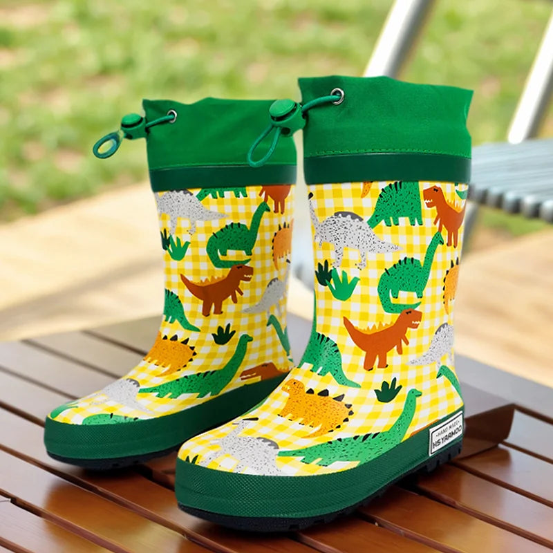 Kids Dinosaur Rain Boots – Waterproof Lace-Up Rubber Shoes for Boys & Girls
