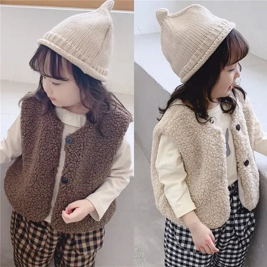 kids plush vest, lamb wool vest kids, autumn winter vest children, unisex kids waistcoat, baby V-neck vest, warm vest for kids, faux fur kids vest, thickened vest children, casual kids vest, toddler winter vest, girls winter vest, boys winter vest, kids fashion vest, solid color kids vest, daily wear kids vest, kids party vest, photo shoot kids vest, 1-6Y kids vest, cozy kids vest, warm kids outerwear, autumn vest children, winter vest baby, unisex toddler vest, V-neck kids vest, plush waistcoat kids