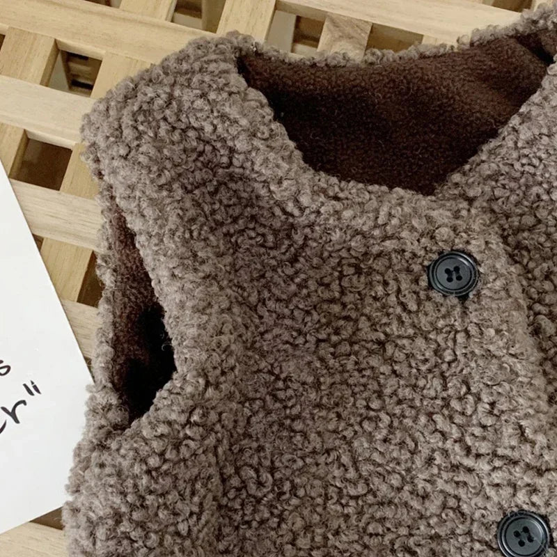Autumn Winter Baby Lamb Wool Plush Vest – Unisex Kids Warm V-Neck Waistcoat for 1-6Y