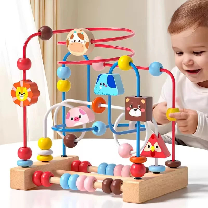 Montessori wooden bead maze, toddler educational toys 1-3 years, roller coaster bead maze toy, wooden abacus math toy, early learning toys for toddlers, fine motor skill development, color and number recognition toys, preschool Montessori toys, wooden sensory toys for kids