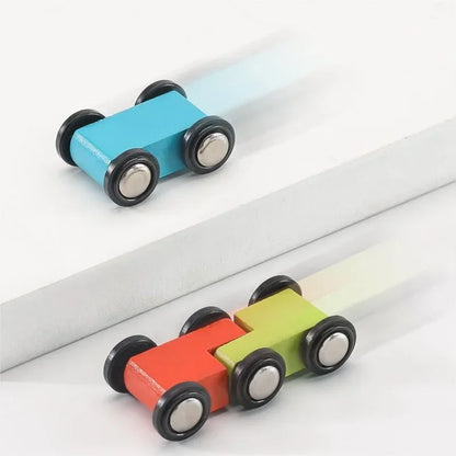 Montessori wooden racing car set, toddler ramp race track toy, wooden inertia slide racing game, mini car roller coaster toy, educational racing toy for toddlers, fine motor skill development, early learning racing toy, Montessori wooden toys for kids, screen-free play for toddlers